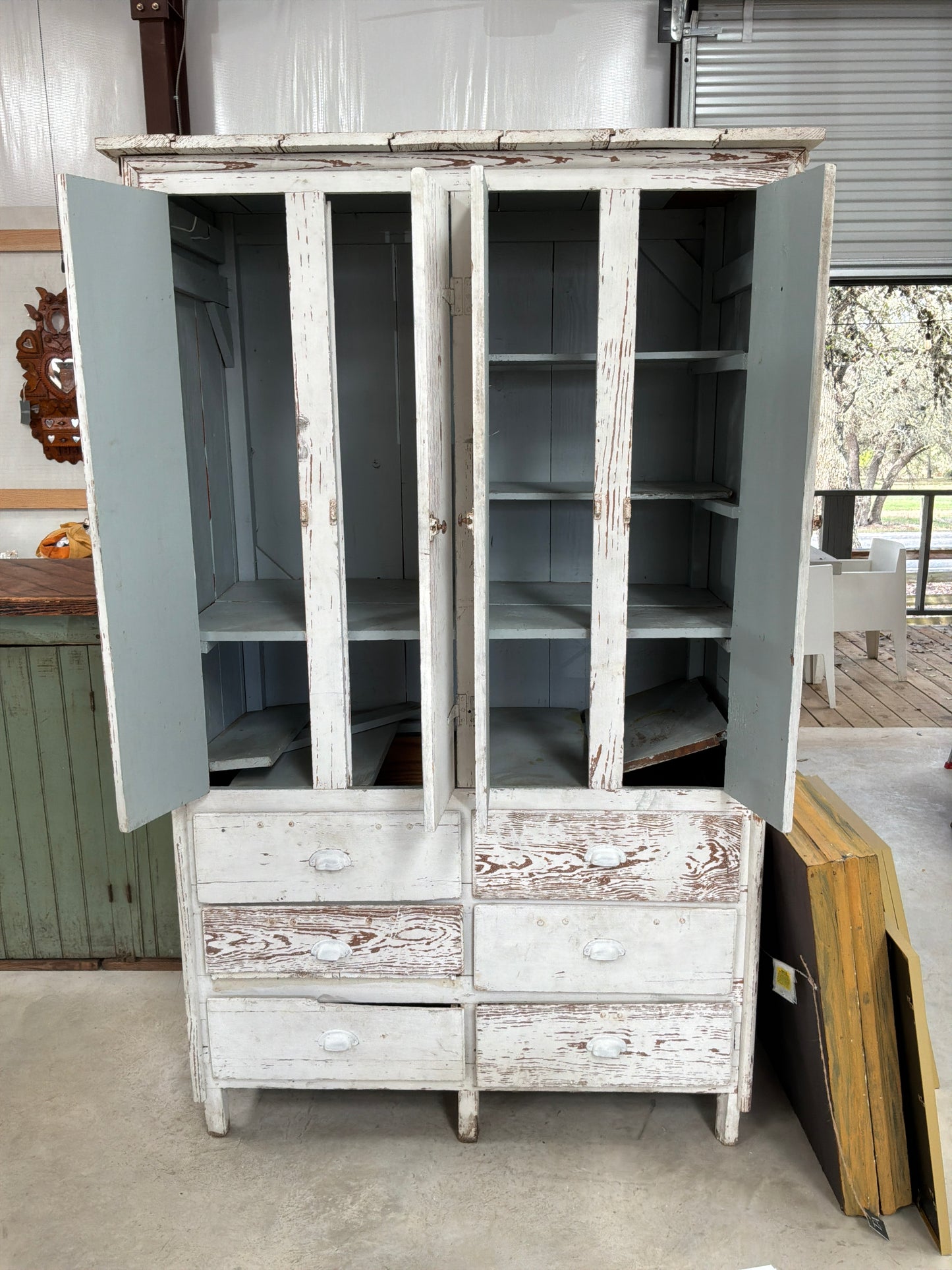 White Chippy Large Cabinet Blue Interior