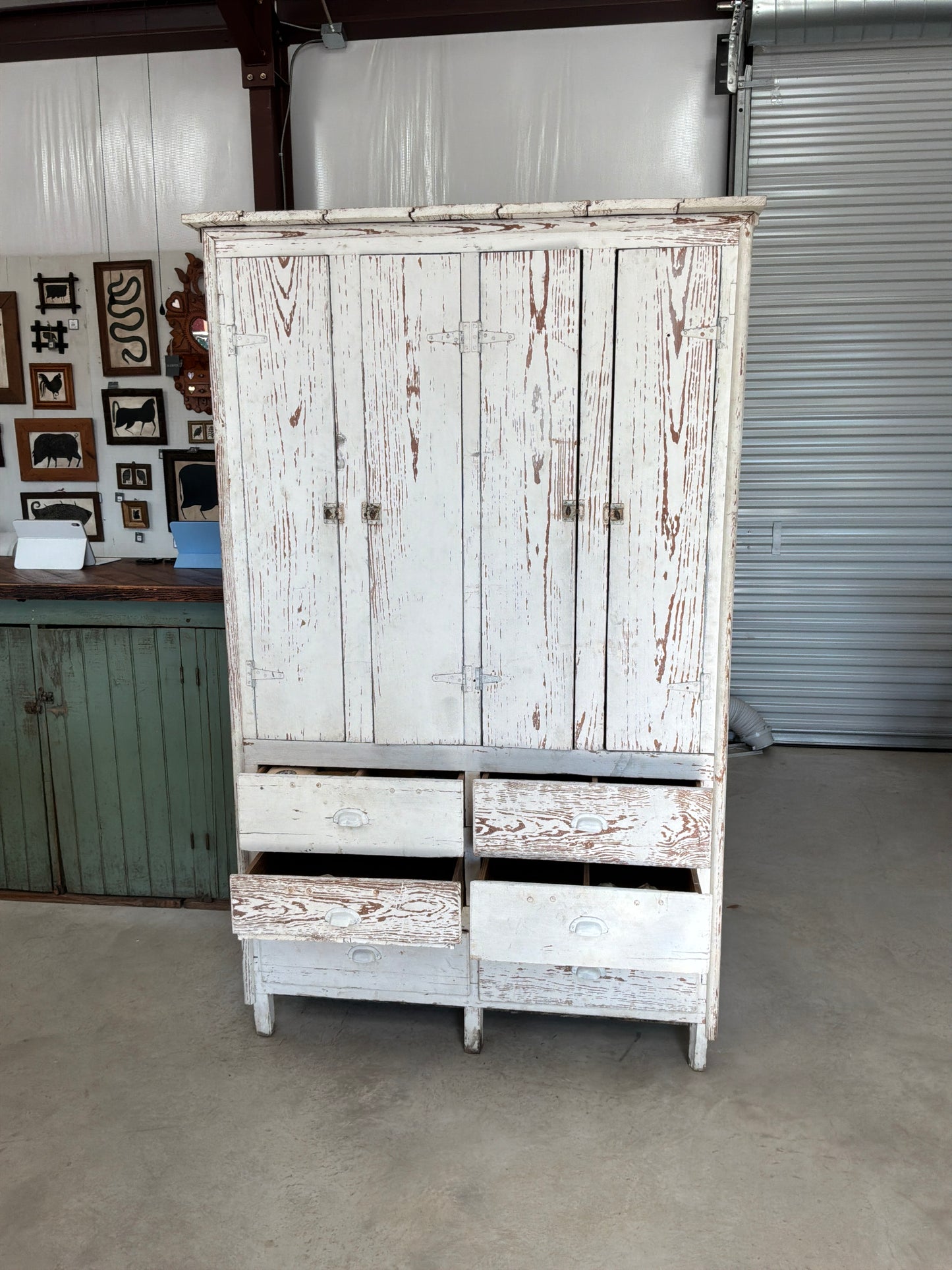 White Chippy Large Cabinet Blue Interior
