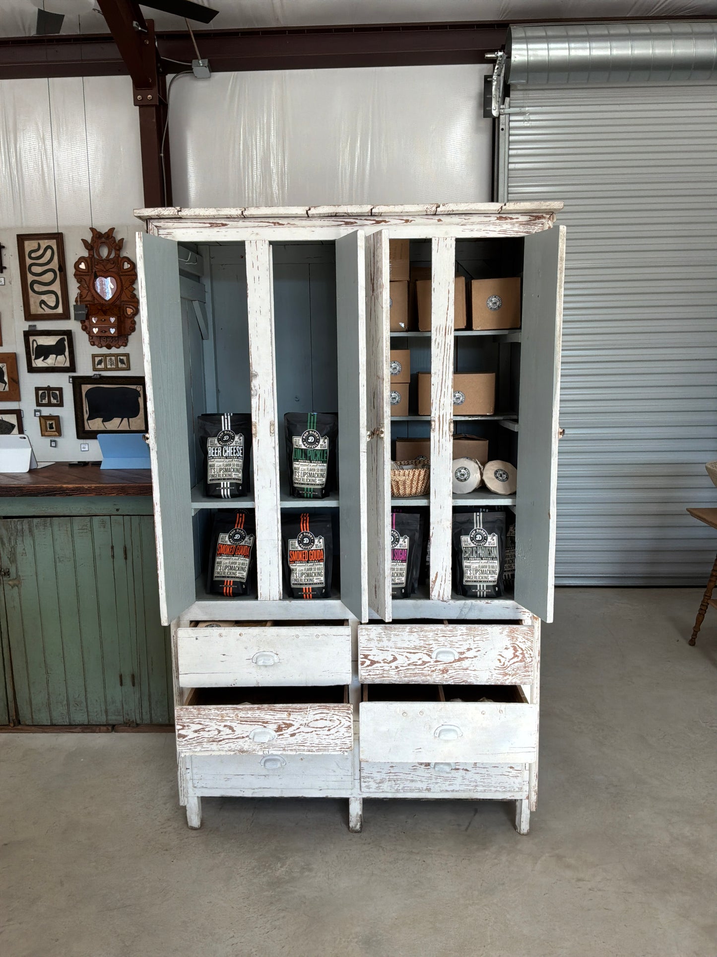 White Chippy Large Cabinet Blue Interior