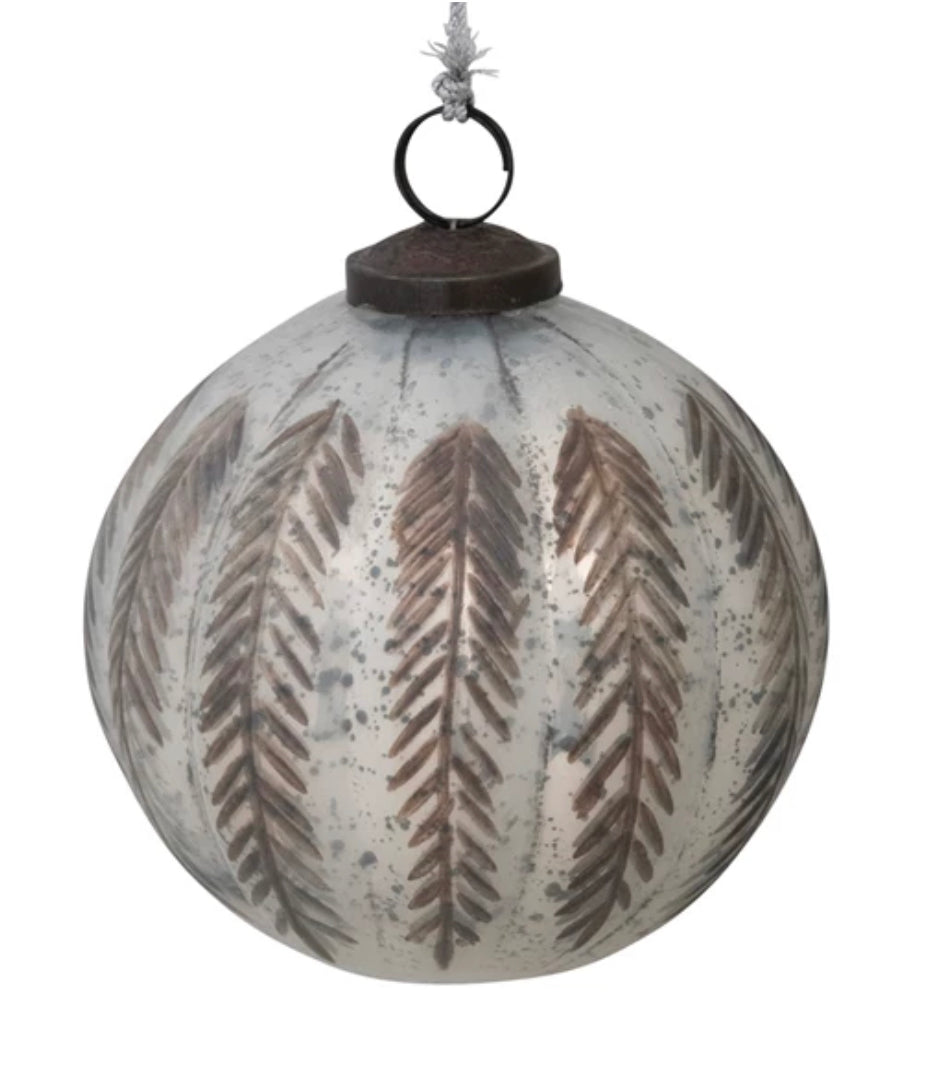 Round Mercury Glass Ball Ornament with Etched Copper Pattern, White Finish