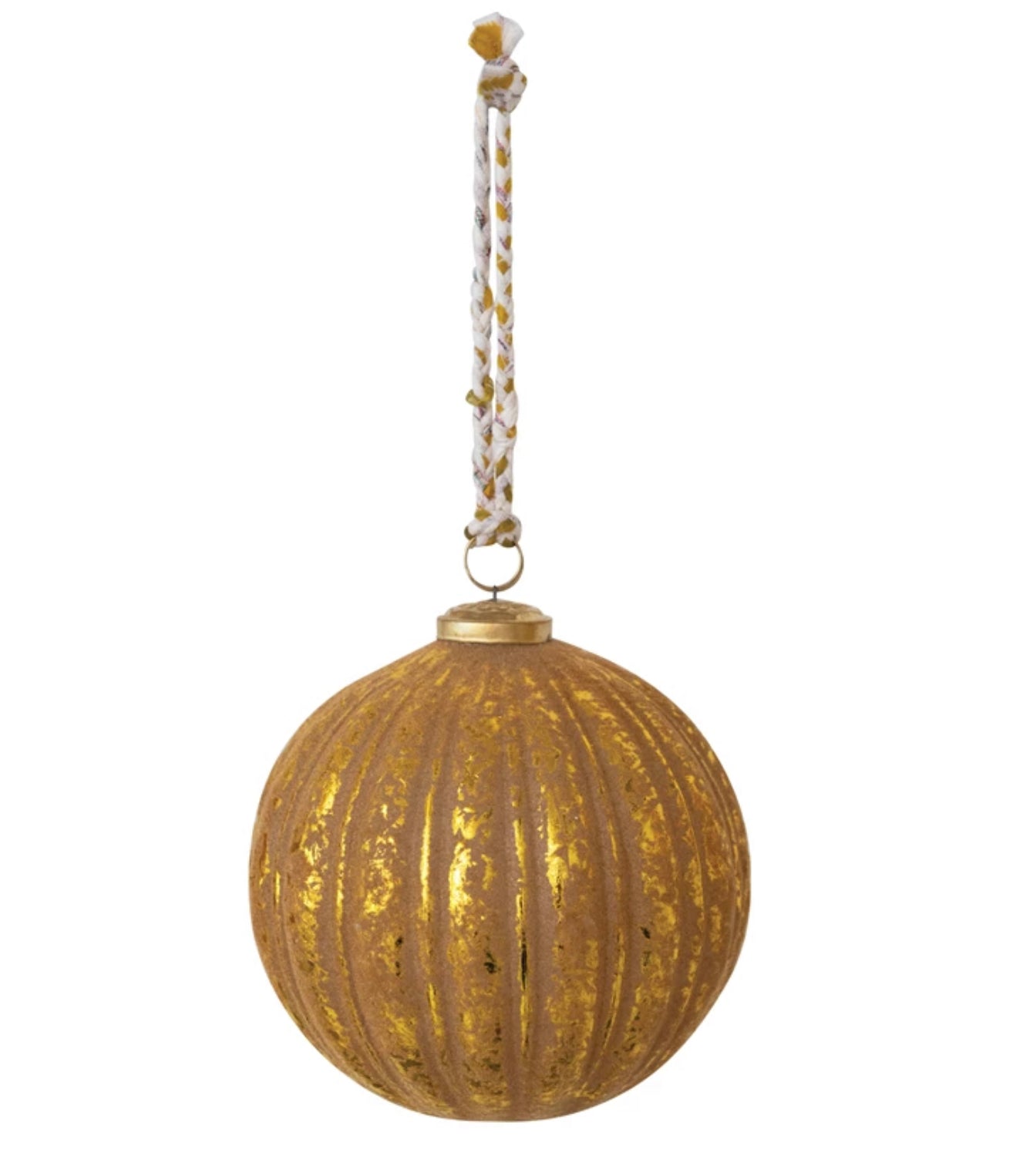 Round Embossed Flocked Glass Ball Ornament with Braided Sari Hanger, Blush and Gold Finish