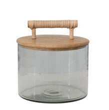 Load image into Gallery viewer, Glass Jar w/ Mango Wood Lid &amp; Rattan Wrapped Handle
