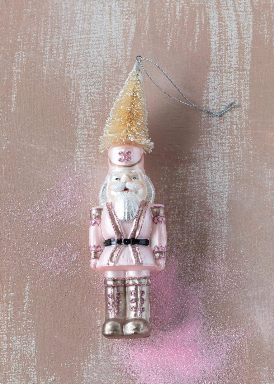 Hand-Painted Glass Soldier Ornament with Bottle Brush Hat and Glitter