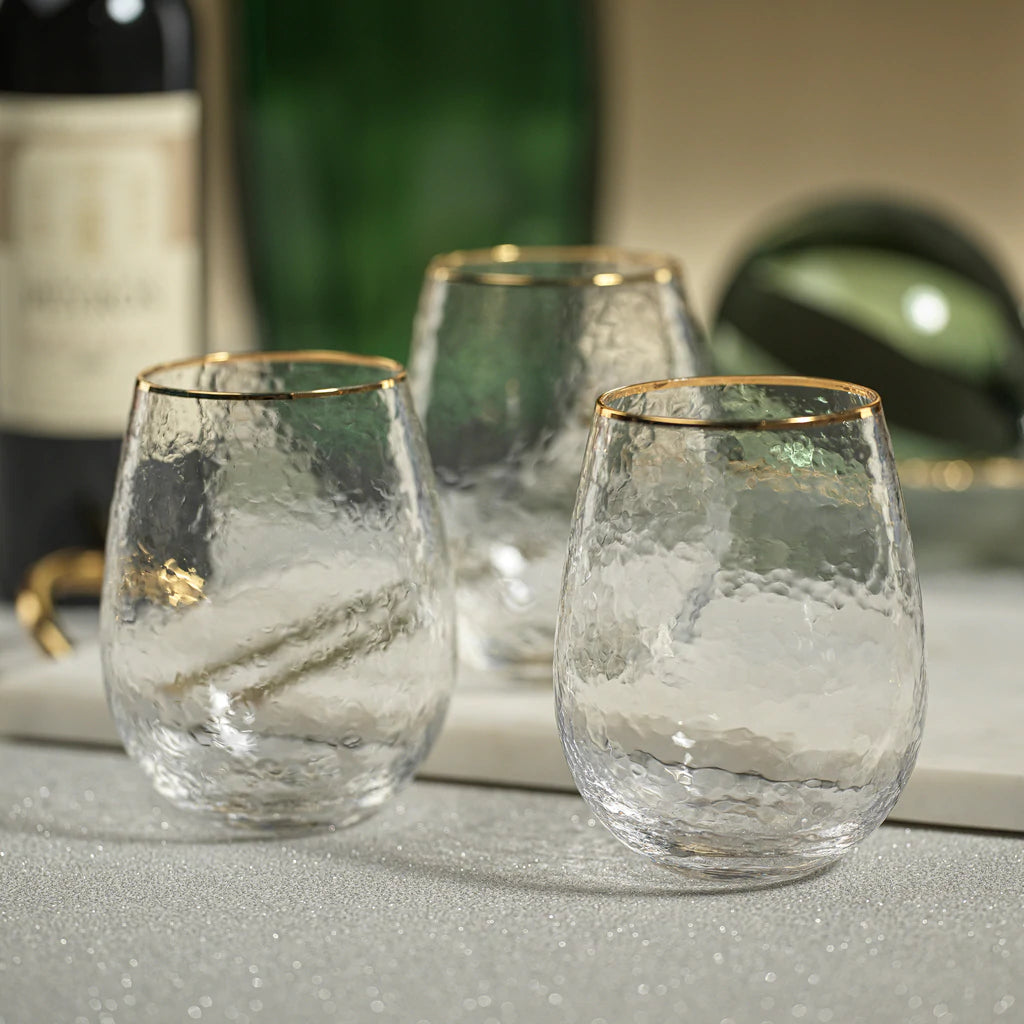 Negroni Hammered Stemless Glass - Clear with Gold Rim