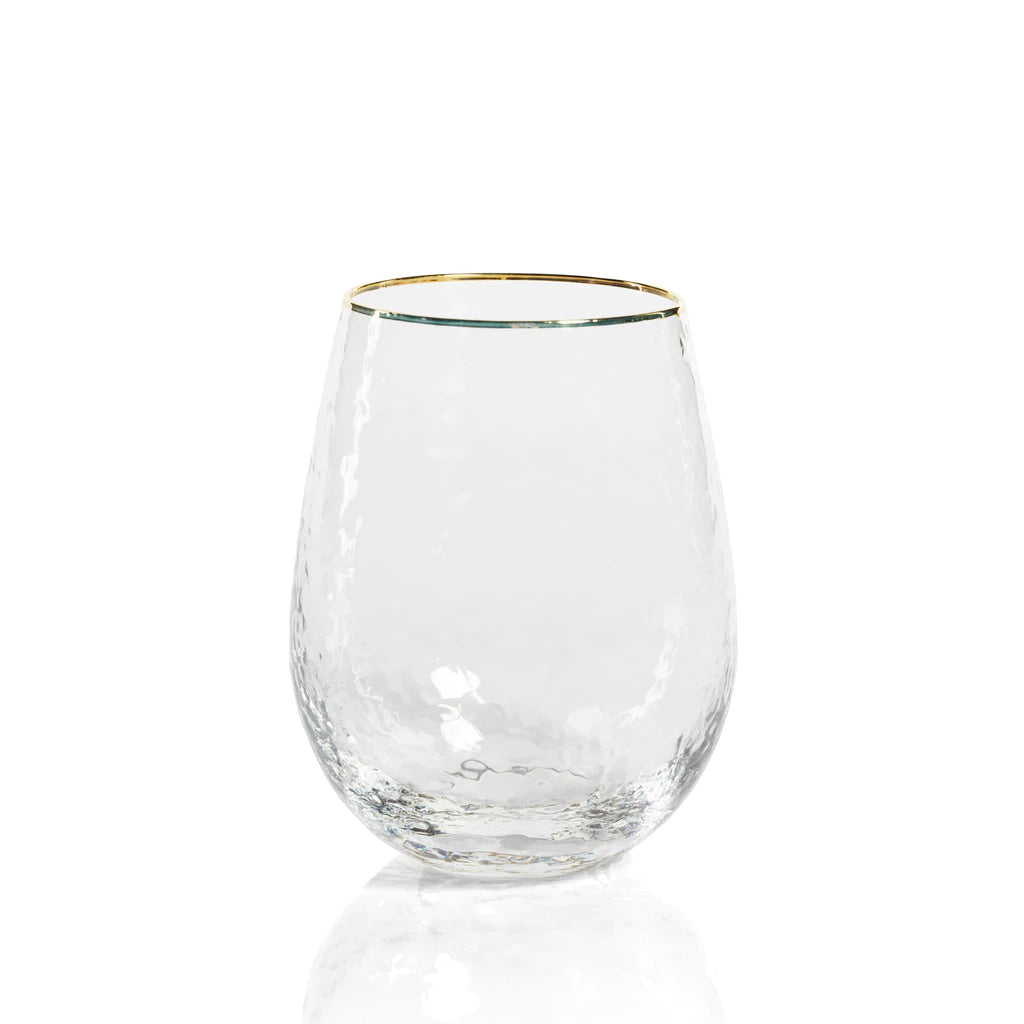 Negroni Hammered Stemless Glass - Clear with Gold Rim