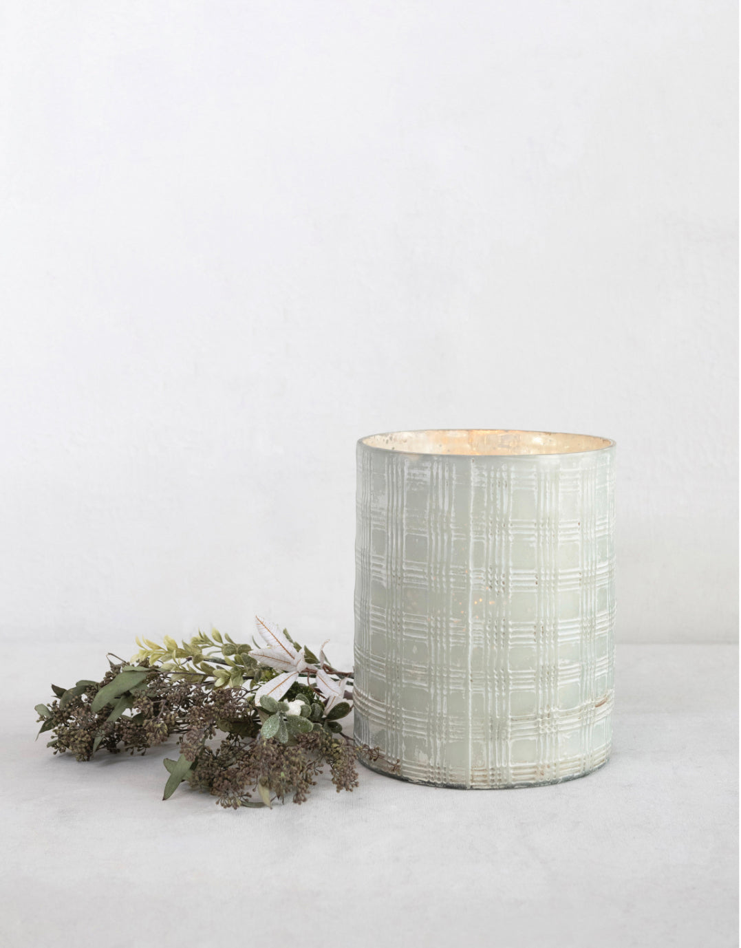 Debossed Mercury Glass Candle Holder with Woven Pattern, Matte White