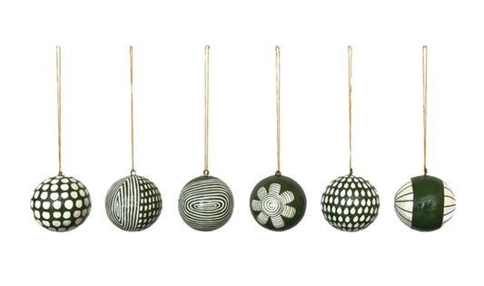 3" Round Hand-Painted Paper Mache Ball Ornament with Pattern, Green and White, 6 Styles