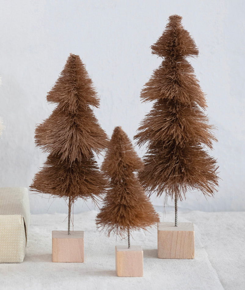 Sisal Bottle Brush Tree with Wood Base, Brown