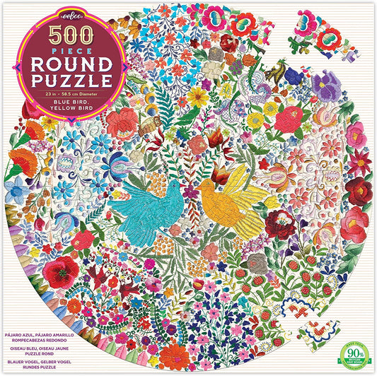 Blue Bird Yellow Bird Round Jigsaw Puzzle