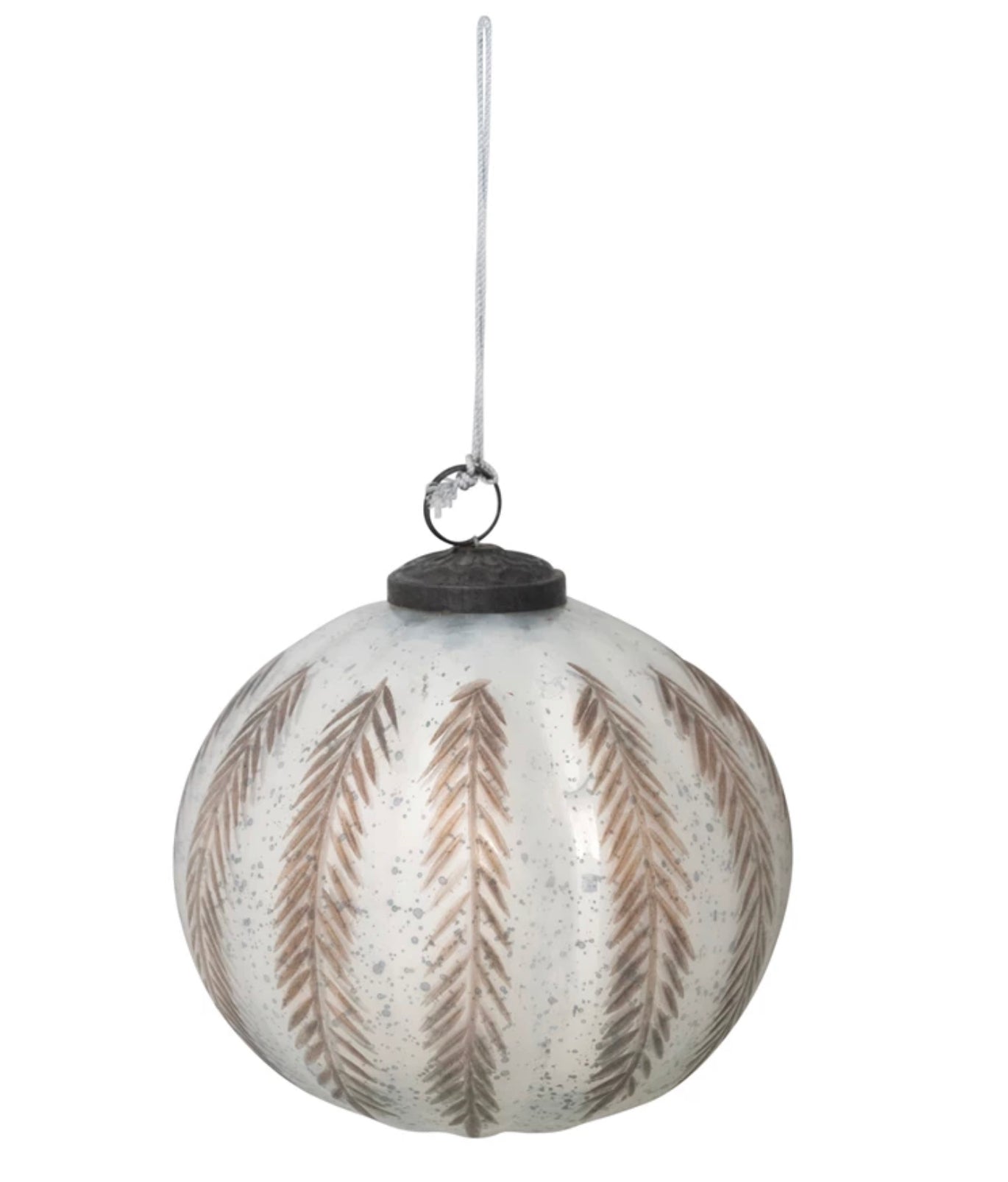 Round Mercury Glass Ball Ornament with Etched Copper Pattern, White Finish