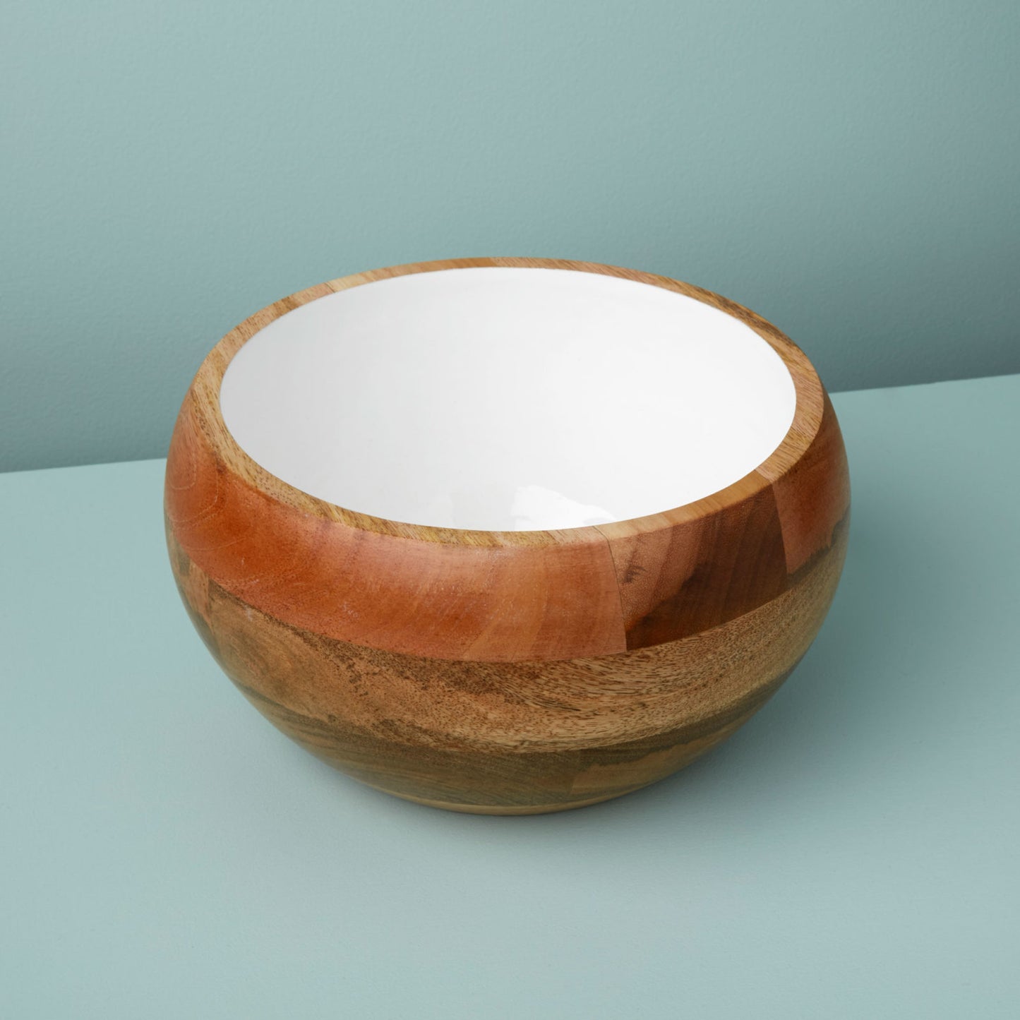 Mango Wood & White Enamel Round Bowl