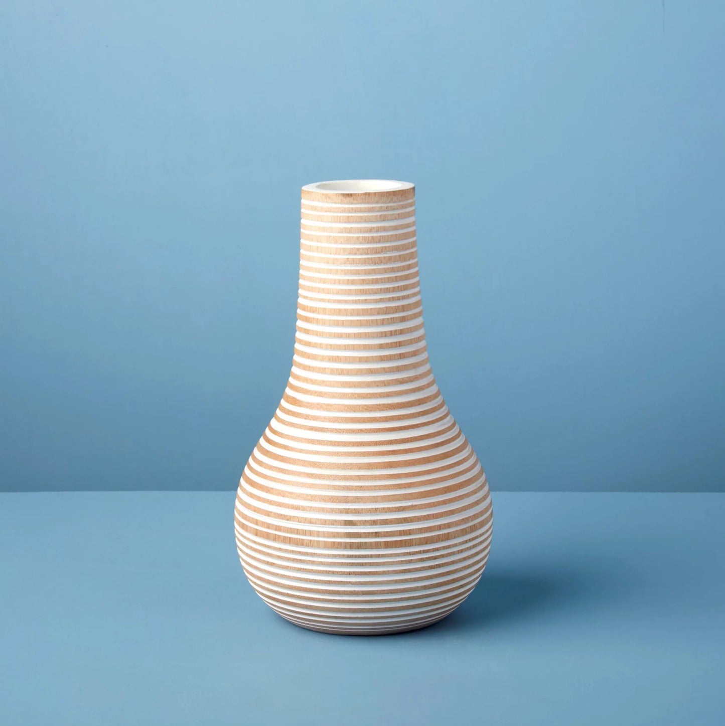 White Striped Kiln Mango Wood Vase
