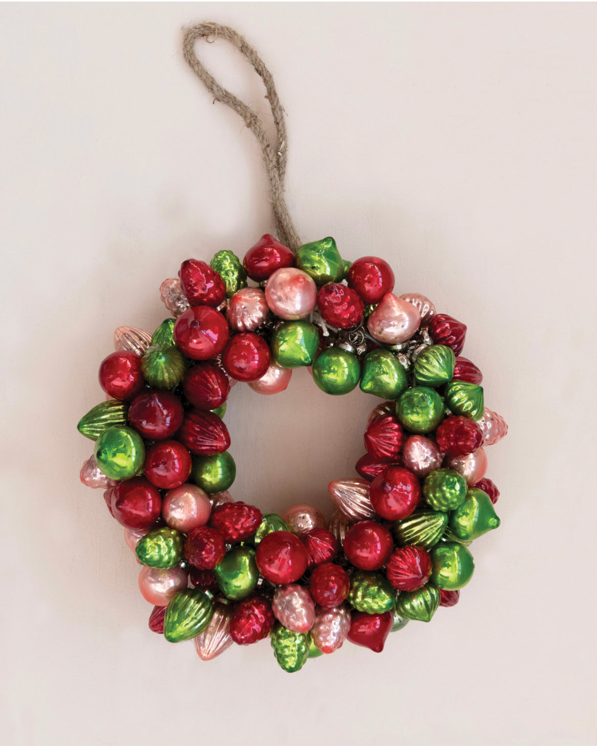 Round Mercury Glass Ornament Wreath, Red, Pink and Green