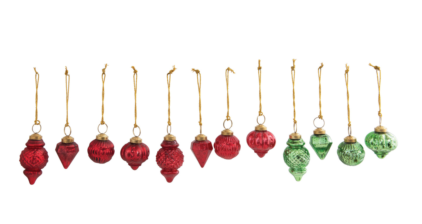 Embossed Mercury Glass Ornaments, Red and Green, Boxed Set of 12