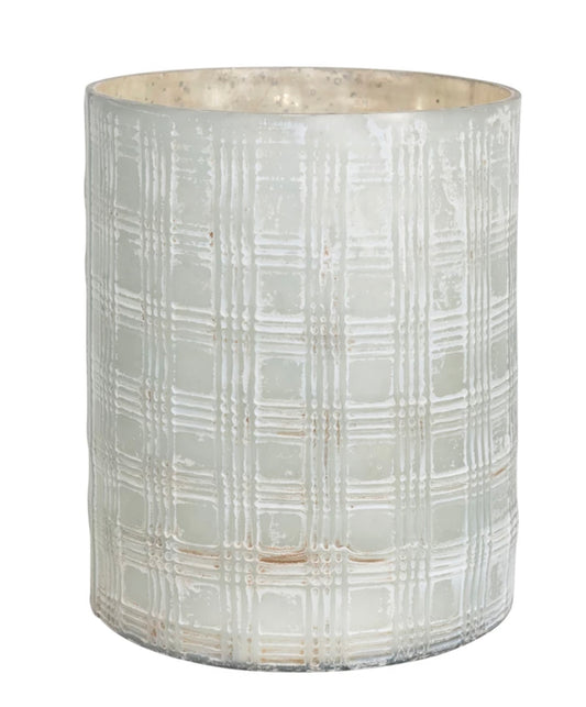 Debossed Mercury Glass Candle Holder with Woven Pattern, Matte White