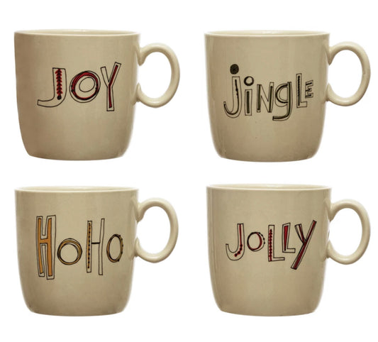 Stoneware Mug with Holiday Word, Multi Color