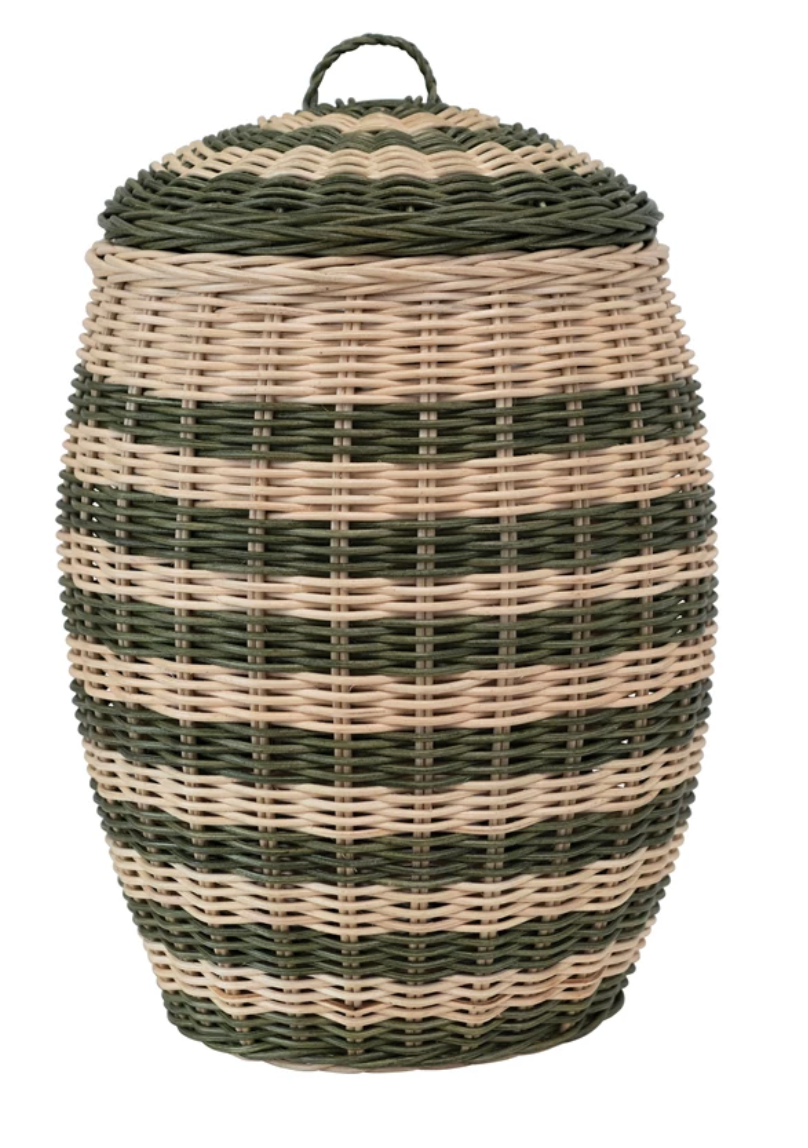Hand-Woven Rattan Striped Basket with Lid