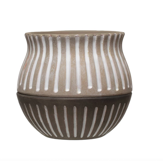 Grey Hand Painted Terra-cotta Planter with Saucer and Debossed Lines