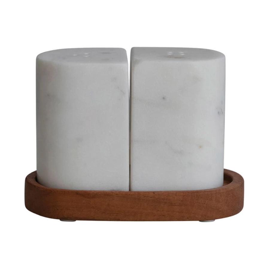 Marble Salt and Pepper Shakers Acacia Wood Tray