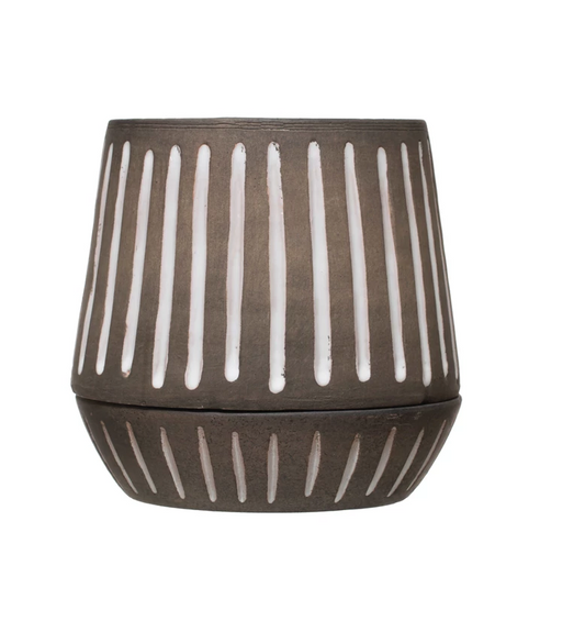 Brown Hand Painted Terra-cotta Planter with Saucer and Debossed Lines