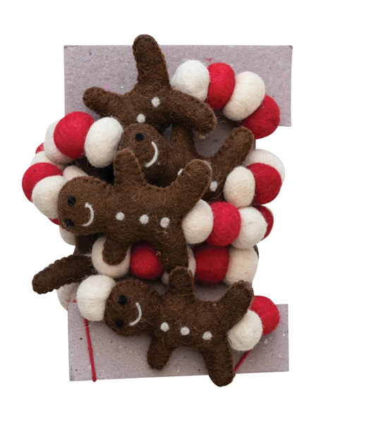 Handmade Felt Wool Ball Garland with Gingerbread Men Multi Color
