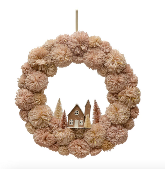 18" Pom Pom Wreath with Sisal Bottle Brush and Paper House