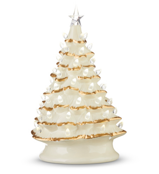 13.25" Vintage Lighted Tree White and Gold