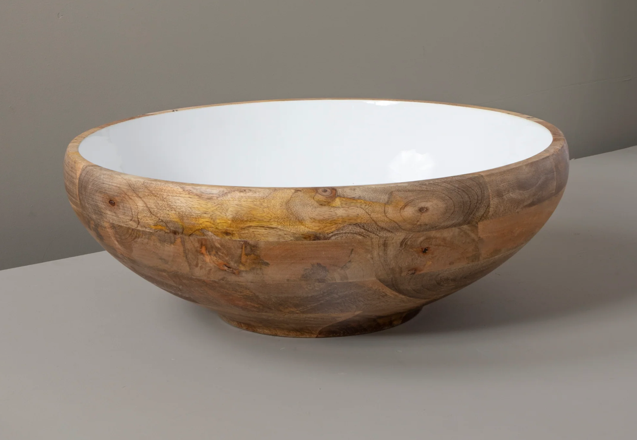 Mango Wood with White Enamel Footed Bowl