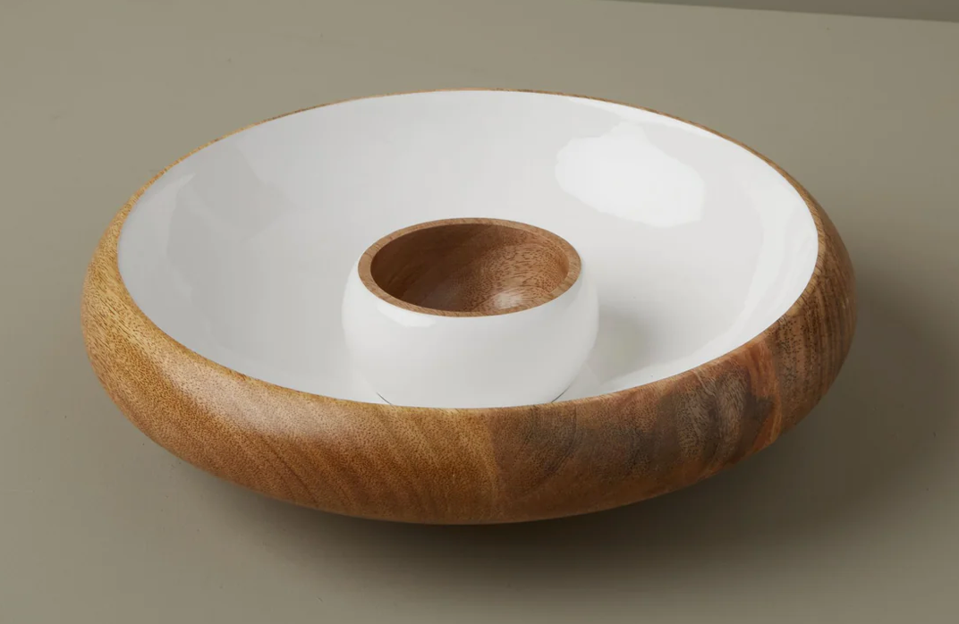 Mango Wood & White Enamel Chip and Dip Bowl