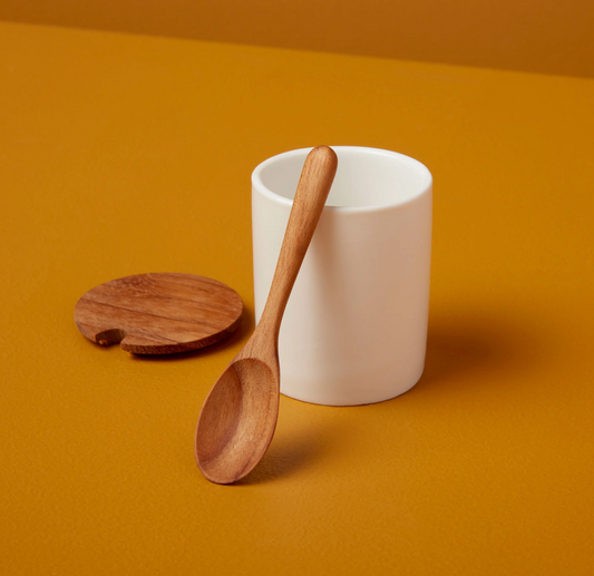 Ceramic Cellar and Teak Spoon Set