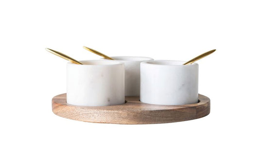 Acacia Wood Board w/ 3 Marble Pinch Pot