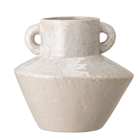 Stoneware Vase w/ Handles, Reactive Glaze, White