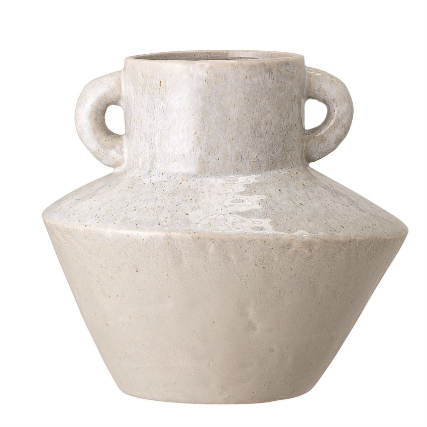 Stoneware Vase w/ Handles, Reactive Glaze, White