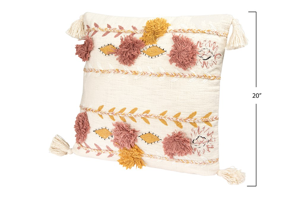 20" Square Cotton Embroidered Pillow