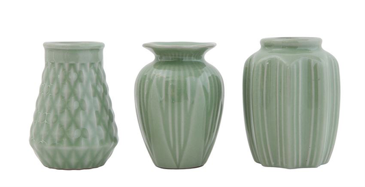 Jade Green Stoneware Vase Set with Crackle Glaze Set/3