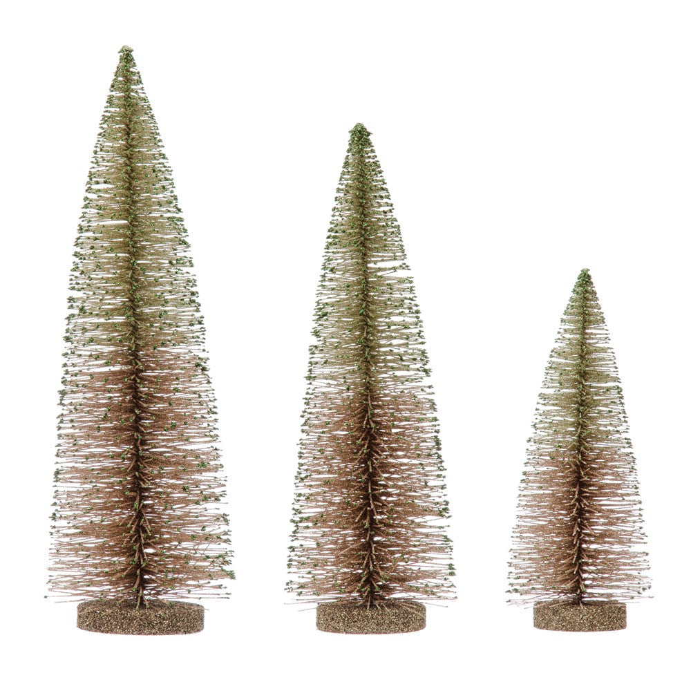 Plastic Bottle Brush Trees w/ Glitter & Wood Bases