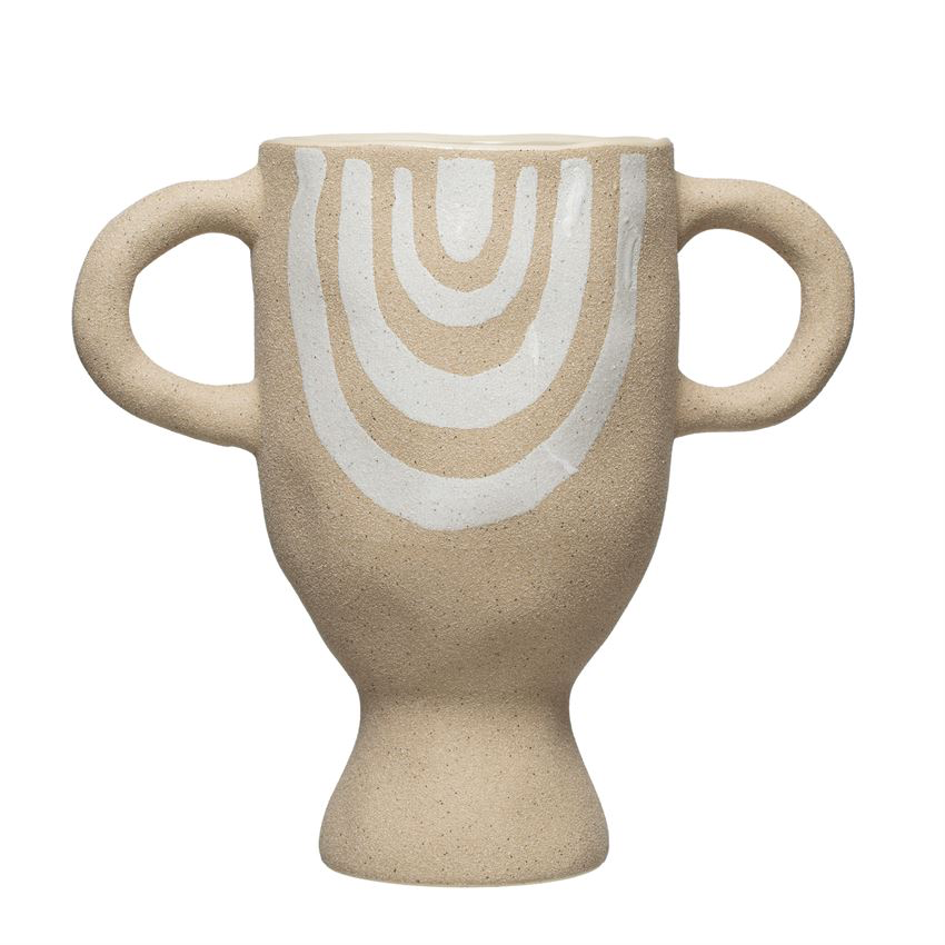 Stoneware Vase with Cream Color Design & Handles