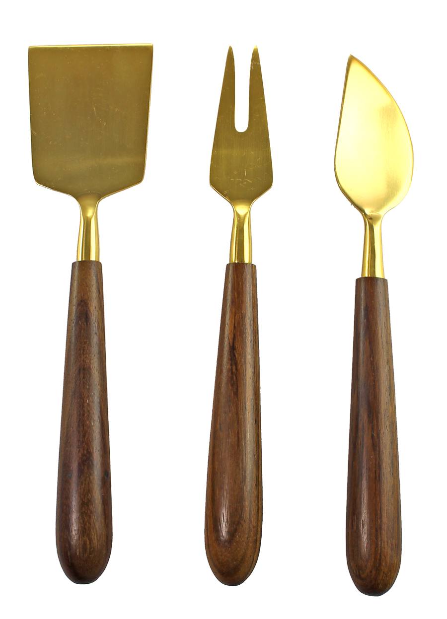 Gold and Wood Cheese Flatware Set of 3